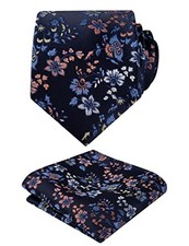 Mens 3.15inches Leaf Flower Pattern Tie with Floral 151-navy white yellow