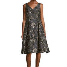 Adrianna Papell Floral Jacquard Midi A-line Dress Cocktail Gray, Black, Gold 6