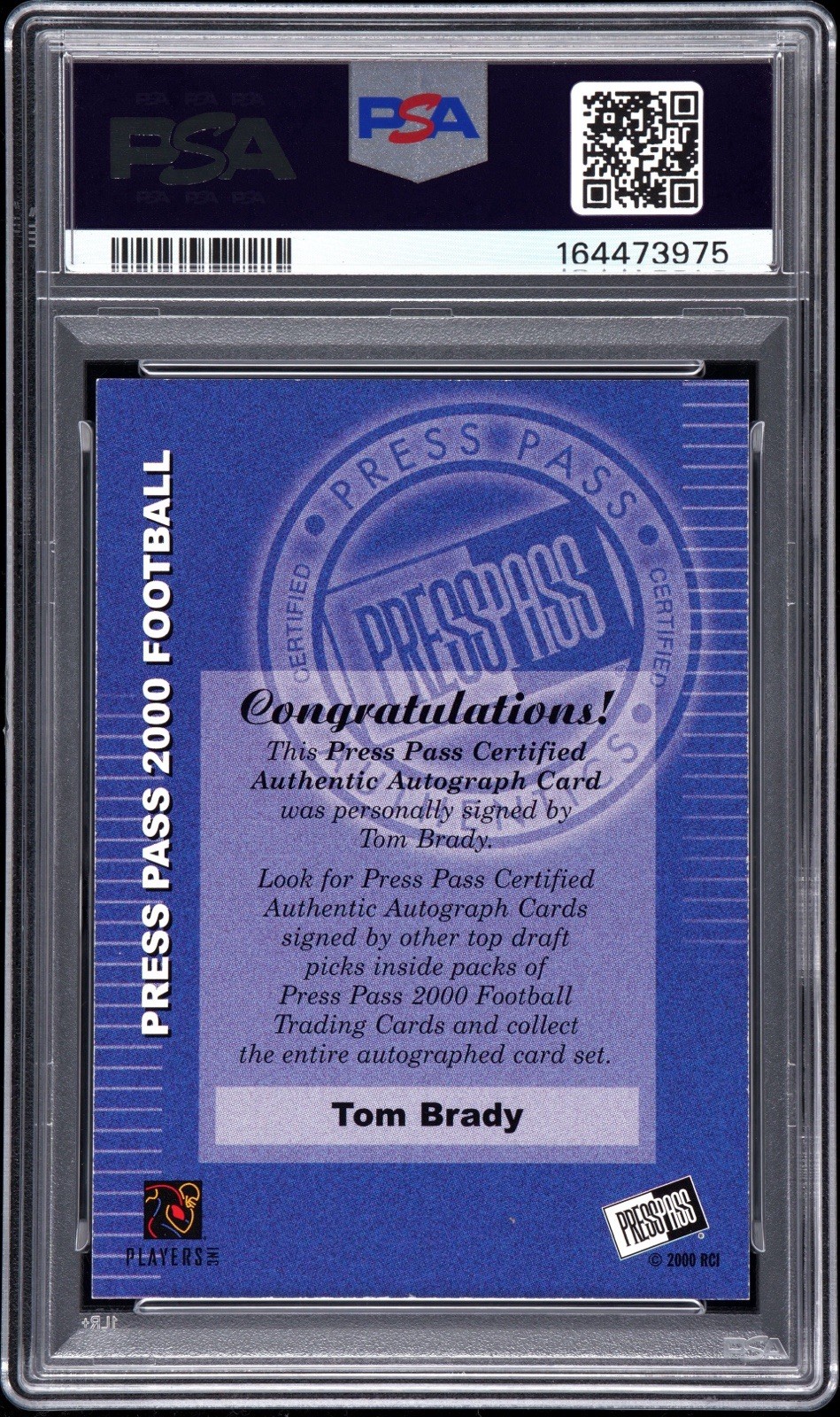 2000 Press Pass Tom Brady Certified Autograph RC Rookie Auto PSA 7 Patriots view 2