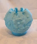 Vintage Fenton Poppy Satin BLUE Art Glass FOOTED ROSE BOWL VASE Crimped Edge