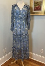 Marie Oliver Blue Silk Metallic Floral Tiered Maxi Dress Long Sleeve Small
