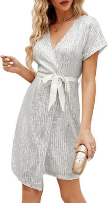 Damen Pailletten Kleid Glitzer Glitzer Kurzarm V Ausschnitt Bodycon Kleid Glitzer