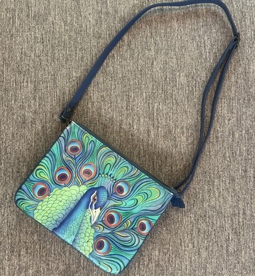 Anuschka Triple Compartment Crossbody Jeweled Plume Peacock Hand Painted Purse
