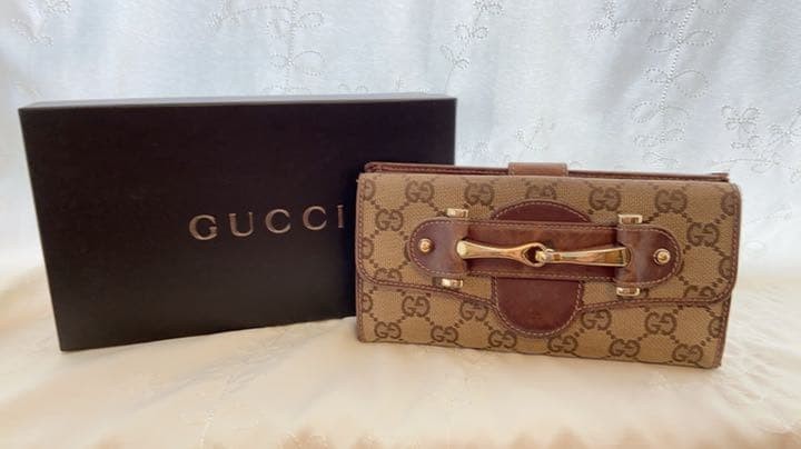GUCCI Vintage Horsebit GG Canvas Long Wallet Bifold Brown excellent gift