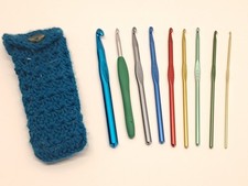 Lot of 9 Multicolor Crochet Hooks with Crocheted Case Various Sizes