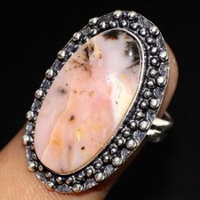 925 Silver Plated Peruvian Pink Opal Ethnic Ring Jewelry Size US 8 MJ