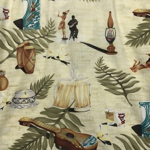 GO BAREFOOT Hawaiian SHIRT L Ukulele Girl Surfboard Cream Cotton Button Up - Picture 4 of 4