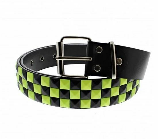 Unisex 3 Row Pyramid Studded Belt Black and Neon Yellow