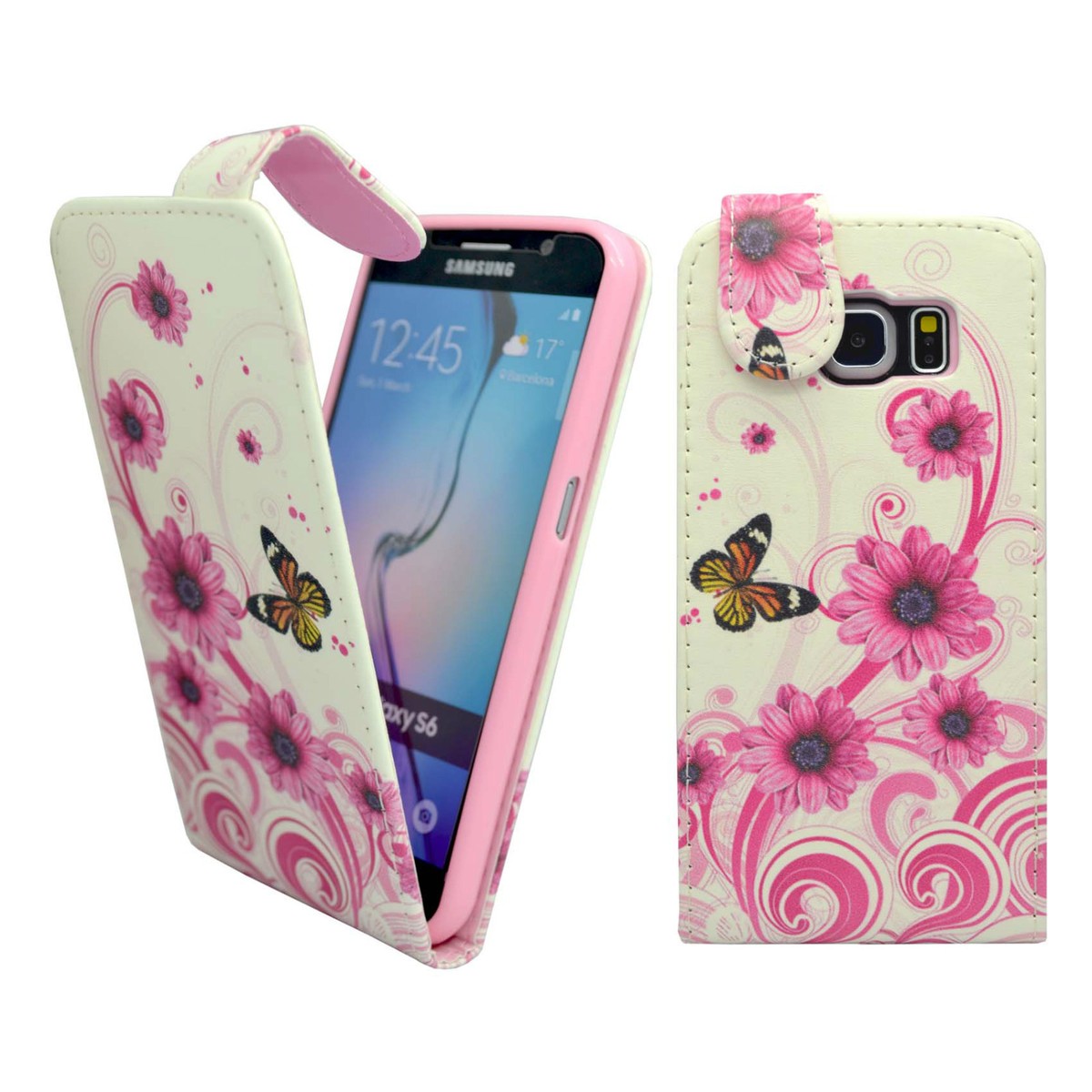 CASE FOR SAMSUNG GALAXY S6 WHITE PINK SWIRL FLOWER BUTTERFLY PU