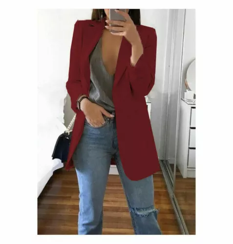 New Longline Blazer Women Suit Slim Ladie Coat Formal Jacket Slim Plus Size 6-22 - Picture 15 of 44