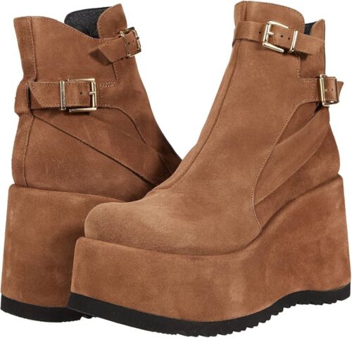 FREE PEOPLE NWOB Sabrina Brown Suede Platform Wedge Boots Buckles Size 37 7