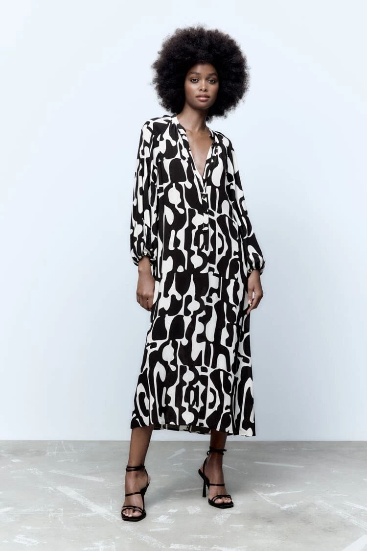 ZARA GEOMETRIC PRINTED DRESS BLACK /WHite LONG MIDI SHIRT DRESS