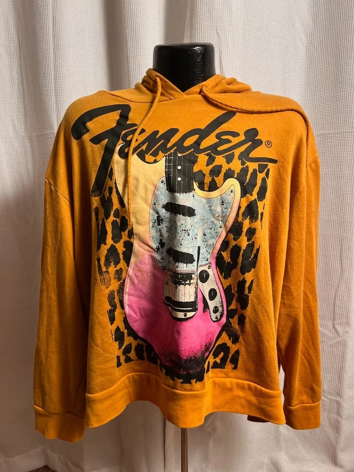 Fender Sweatshirt Women 3X Mustard Yellow Gold Leopard Print Cotton Blend Hoodie - Imagem 2 de 4
