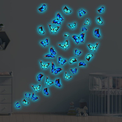 64 Pieces Glow in the Dark Butterfly Wall Decals Blue Luminous Butterfly Wall St
