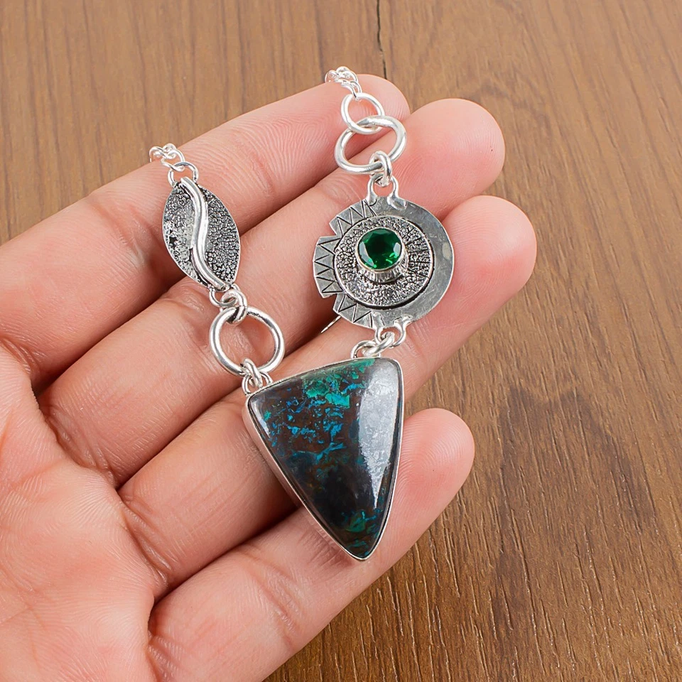 Collar de cadena de piedras preciosas de crisocola natural plata de ley 925 joyería india Foto 3 de 4