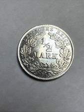 1915A Germany Empire 1/2 Mark Silver Coin a 0.900 Silver Half Dollar