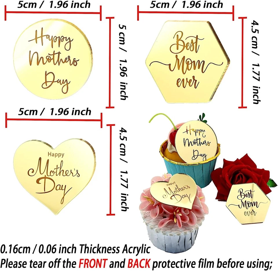 Toppers de cupcake feliz dia das mães, 24 peças acrílico espelho dourado, círculo hexago - Imagem 3 de 4