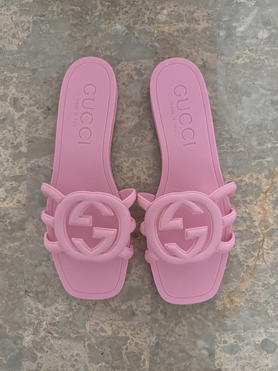 Gucci Rubber Logo Platform Slide Sandals Shoes Wild Rose Pink Size