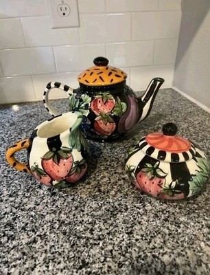Vicki Carroll Studio Bon Appetite Tea Set. Teapot Creamer Sugar- Retired