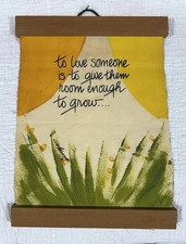 VTG MCM Hanging Painted Fabric Art Scroll Love Quote Cursive Handmade 11 x 16