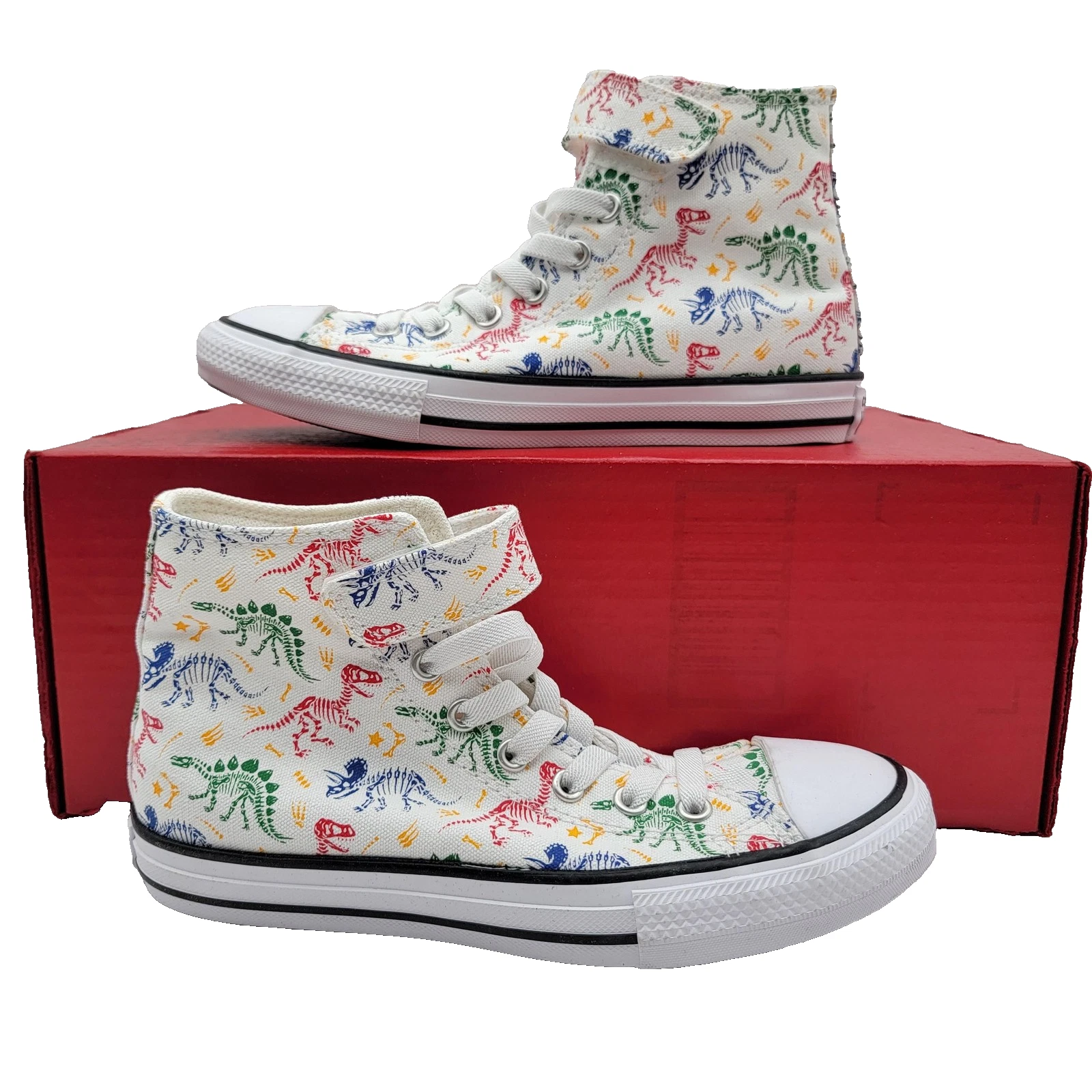 Scarpe Converse Chuck Taylor All Star giovani taglia 2 5 bianche stampa dinosauro A04767F