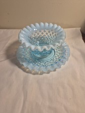 Vtg Fenton Art Glass Blue Opalescent Hobnail Mayonnaise Set