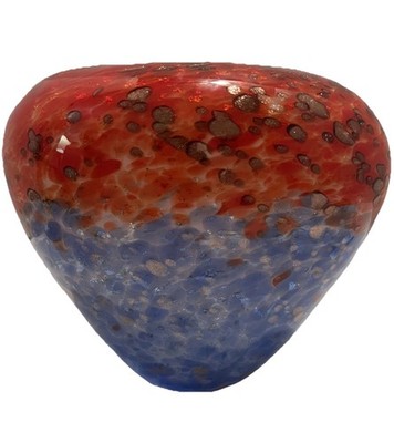 Franco Moretti signed Murano, Italy Oval Glass Vase  fire&ice  Red/Blue, 6 1/2 H