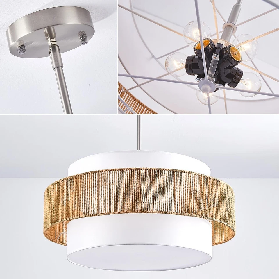 Lámparas de araña de tambor grandes de ratán de 24"", luz colgante boho de 5 luces... Foto 4 de 4