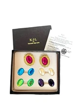 VTG 80s Deadstock Elegant Gold Multi-Color Gem Earring Set KJL Kenneth Jay Lane