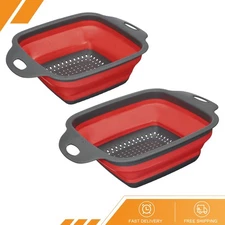Collapsible Colander 2 Size Silicone Square Foldable Strainer with Handle Red