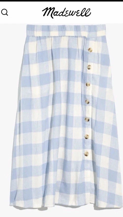 EUC Madewell Linen Blend Side Button Midi Skirt Pale Dawn Gingham Check S POCKET
