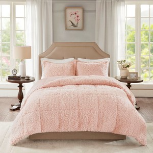 Full Queen Size Nova Blush Faux Mohair Reverse Mink Comforter Set