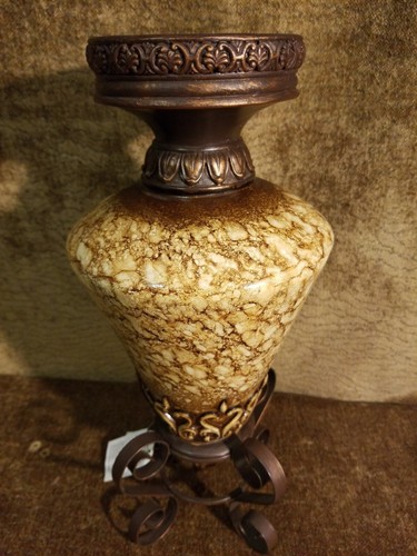 Metal Scroll and Resin Urn Table Top Pillar Candle Holder, Antique Gold Finish