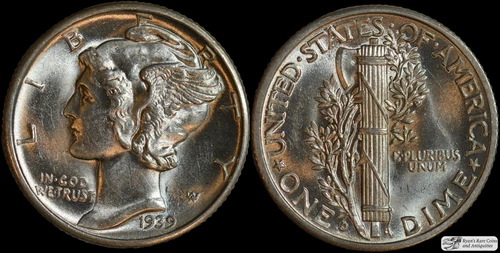 1939 D Mercury Dime, Brilliant Uncirculated Condition, Full Split Bands, C7038