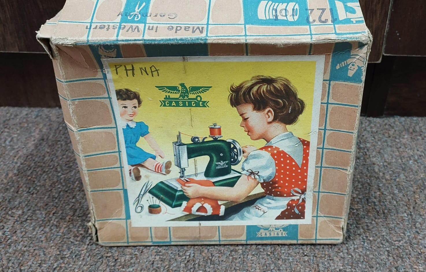 Vintage antique old rare toy sewing machine with box Made in Germany