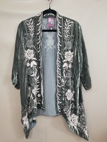 Johnny Was JWLA Floral Embroidered Draped Velvet Kimono Cardigan Sz S Gray