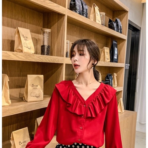 Lady Ruffle Frill Blouse Shirt V Neck Long Sleeve Tops Retro Style Lolita Office - Picture 12 of 13