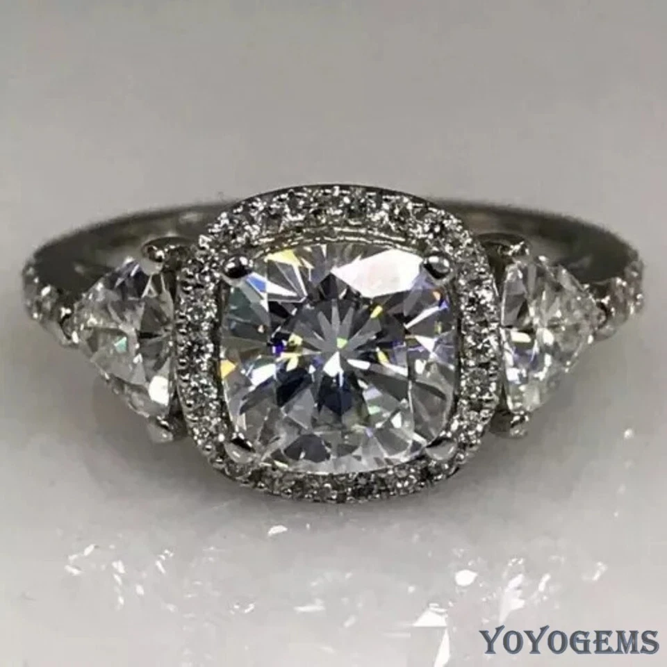 Solid 14K White Gold Moissanite Three Stone Engagement Ring 3.50 CT Cushion Cut - Image 2 of 4