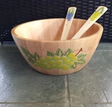 Wood Salad Bowl Hand Painted Serving Set W/ Spoon & Fork Clay Art 12" 