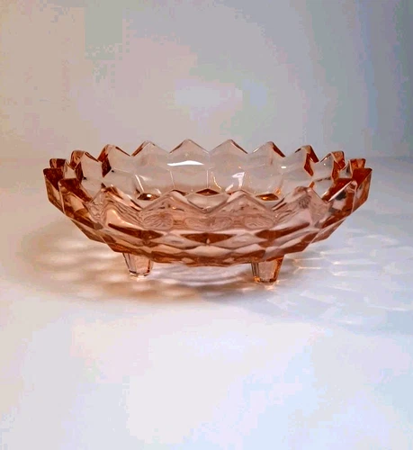Indiana Glass PINK Jeanette Footed Cubist Depression Dish VTG Cottagecore 6" EUC