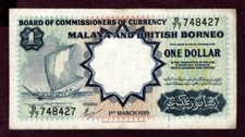 Malaya & Borneo 1 Dollar Banknote 1959 Condition III VF BB S/N B77/748427 WPM 8A