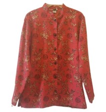 TEDDI Asian Top Sz Large Mandarin Collar Button Down Shirt Red Black Embroidery