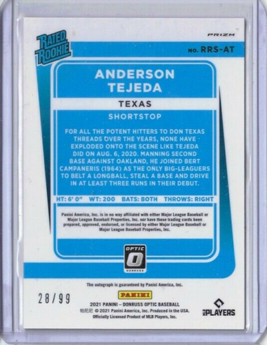 Anderson Tejeda Rangers 2020 Optic RATED ROOKIE AUTO! RED MOJO #'d/99 🔥⚾️ - Picture 2 of 2