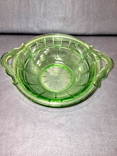Antique Green Jeanette Depression Glass Doric Handled Serving Bowl 10.75"