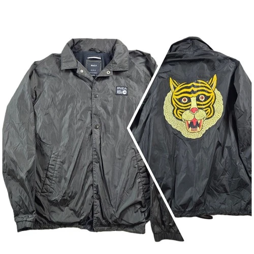 RVCA Coaches Jacket Mens Medium Black Nylon Tiger Artists Network Graphic Skater - product listing photo