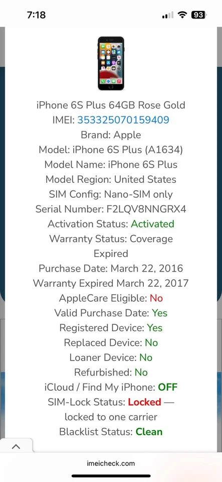 Smartphone Apple iPhone 6S Plus A1634 64GB ouro rosa AT&T bloqueado IMEI limpo - Imagem 4 de 4