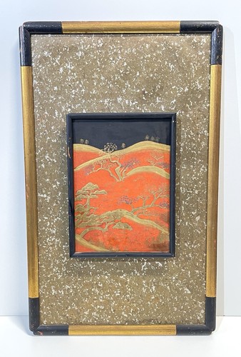 Vintage Japanese Red Lacquer Gold Gilt Decorated Framed Wall Art Panel