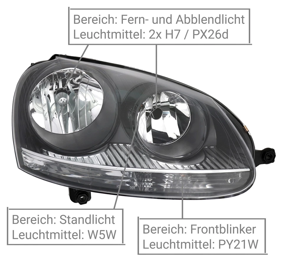 Scheinwerfer Set für VW Golf 5 03-09 + GTI + Jetta in Schwarz H7 H7 Halogen LWR - Bild 2 von 4
