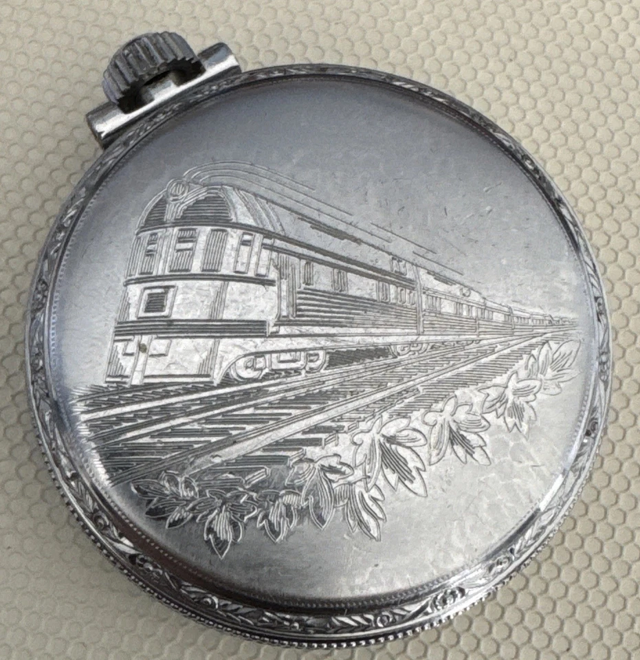 Карманные часы Elgin 16s, модель 3, 11 камней корпус с гравировкой поезд НЕ РАБОТАЮТ  - Изображение 2 из 4