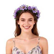 Rose Flower Leave Crown Bridal Halo Headband with Adjustable Ribbon Lavender